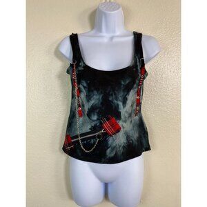 Soye Tie Dye Tank Top Size Medium Red Plaid Chain Accents Grunge Goth Punk Emo